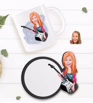 BK Gift Kişiye Özel Kadın Gitarist Karikatürlü Beyaz Kupa ve Ahşap Bardak Altlığı Hediye Seti-1
