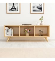 Tina TV Sehpası – 120 cm Açık Meşe Renkli, Retro Tarz Ahşap Ayaklı Minimal TV Sehpası (Safir)