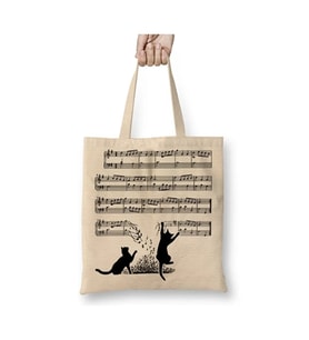 Yaramaz Komik Müzik Notalı Kedi Cat Beyaz Bez Çanta Uzun Saplı Alışveriş Çantası Plaj Çantası