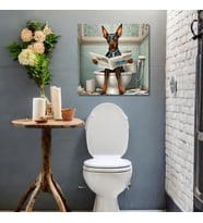 Tekli Kare Kanvas Banyo Tablosu Gazete Okuyan Doberman