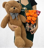 Büyük Boy Kahverengi Peluş Ayıcık ve Fotoğraflı 7'li Peluş Ayıcık Buketi (Model 5)