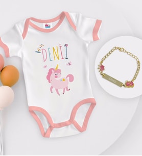 BK Kids Kişiye Özel İsimli Pembe Bebek Body Zıbın ve Kız Bebek Künyesi Hediye Seti-4