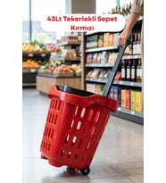 43 LT Tekerlekli Market Sepeti Plastik Alışveriş Sepeti Ergonomik Çift Saplı Kırmızı