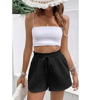Ghassy Co. Kadın %100 Cotton Müslin Tatil Ev İçi/Dışı Kullanım Cepsiz Beli Bağcıklı Şort (Siyah)