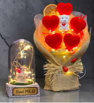 Kişiye Özel Led Işıklı Fanus ve Led Işıklı Kalp Buketi (Model 1)