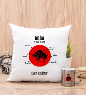 Kişiye Özel Boğa Burcuna Hediye Kare Yastık ve Silver Kupa