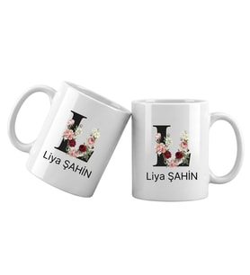 L Harfli Kişiye Özel İsimli Porselen Kupa Bardak – Çiçekli Monogram Harf Tasarımlı İsim Yazılı Kişiselleştirilebilir Hediye Kupa (Beyaz)