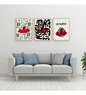 Kırmızı Siyah Kalabalık Duvar Tablosu Çerçeveli 3'lü Set Ahşap Renk 21 x 30 Boyut/Ebat (Standart)
