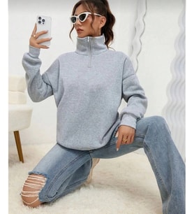 Unisex Uzun Kol Yarım Farmuarlı Yakalı Basic SweatShirt - Gri