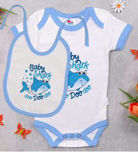 BK Kids Baby Shark Tasarımlı Mavi Bebek Body Zıbın ve Mama Önlüğü Hediye Seti-1