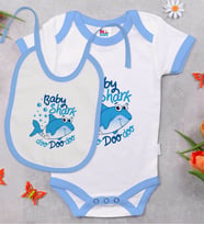 BK Kids Baby Shark Tasarımlı Mavi Bebek Body Zıbın ve Mama Önlüğü Hediye Seti-1
