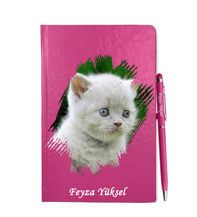 Kişiye Özel Kedi Tasarımlı Pembe Defter Kalem Hediye Seti