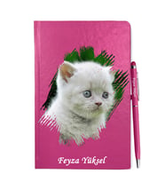 Kişiye Özel Kedi Tasarımlı Pembe Defter Kalem Hediye Seti