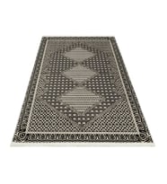Siyah Geometrik Desenli Salon Halısı Modern Düz Yüzey Bordür Detaylı Polyester Makine Dokuma