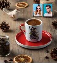 Kişiye Özel Karikatürlü Motorlu Sevgililer Türk Kahvesi Fincanı Sevgililer Günü Hediyesi