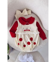Tavşan İşleme Detaylı Kız Bebek Bandanalı 3 lü Tulum Romper - Krem