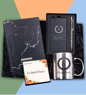 Kişiye Özel Mermer Desenli Defter & Siyah Renk 10000Mah Powerbank & Gümüş Renk Detaylı Metalik Tükenmez Kalem & Harfli Gümüş Renk Kupa Hediye Seti