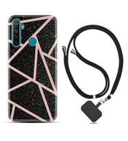 Realme 5i 5 Pro 6i 7 Pro 8 Kılıf Boyun Askılı Silikon Pembe Şeritli Mermer 1312