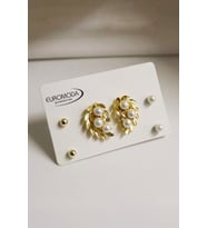 Yaprak Tasarımlı Inci Ve Zirkon Taşlı Top Küpeli Gold Renkli Vidalı Küpe