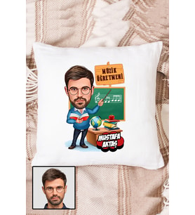 Erkek Müzik Öğretmenine Hediye Karikatürlü Kişiye Özel Yastık