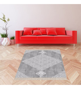 Geometrik Karo Desenli Dijital Baskı Yıkanabilir Kaymaz Taban Modern Salon Halısı ve Yolluk (Gri)