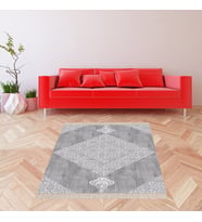 Geometrik Karo Desenli Dijital Baskı Yıkanabilir Kaymaz Taban Modern Salon Halısı ve Yolluk (Gri)