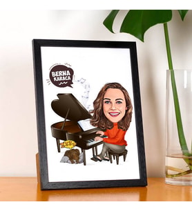Kişiye Özel Piyanist Kadın Karikatürlü Resim Çerçevesi