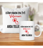 Dünyanın En İyi Veterineri Baskılı Kişiye Özel Kupa Bardak Ve Saten Yastık