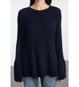 Stil Modern Kadın Regular Standart Kol Bisiklet Yaka Geniş Kalıp Peplum Detaylı Triko Kazak (Lacivert)