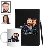 Kişiye Özel Motorcu Çift Tasarımlı Karikatür Siyah Defter Kalem Kupa Seti 62