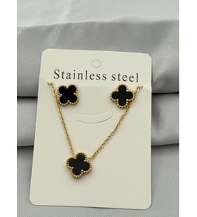 Kadın Yonca Figürlü Mineli Çelik Kolye Küpe Set (Altın)
