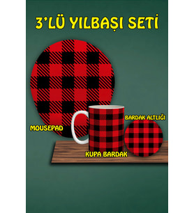 Yılbaşı Temalı 3'lü Bilek Destekli Mousepad Kupa Ve Bardak Altlığı Seti