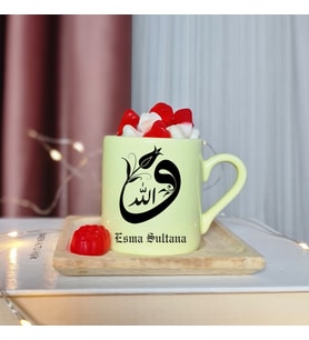 Vav Harfi Tasarımlı Kişiye Özel Sarı Türk Kahvesi Fincanı