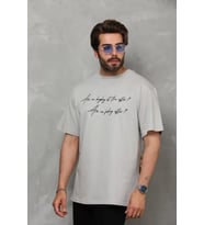 pilelistore- Unisex Bisiklet Yaka Baskılı Oversize T-Shirt - Gri