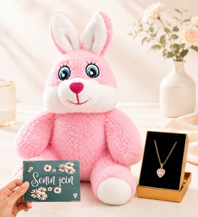 Sevimli Pembe Peluş Tavşan ve Altın Kaplama Pembe Taşlı Kalp Kadın Kolye Hediye Seti (D1)
