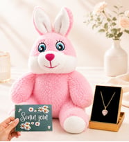 Sevimli Pembe Peluş Tavşan ve Altın Kaplama Pembe Taşlı Kalp Kadın Kolye Hediye Seti (D1)