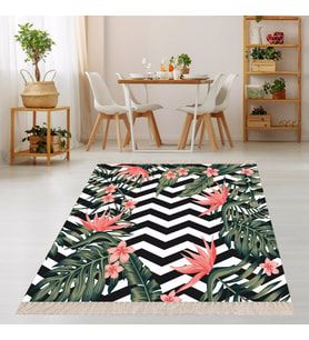 Yeşil Tropikal Yaprak Flamingo Desen Çerçeveli Dijital Baskı Yıkanabilir Kaymaz Taban Salon Halı (Çok Renkli)