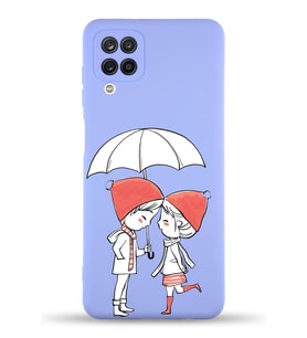 Samsung Galaxy A12 Uyumlu Lansman Kılıf Aşk Tasarımlı İçi Kadife Kapak-Lila (Şeffaf)