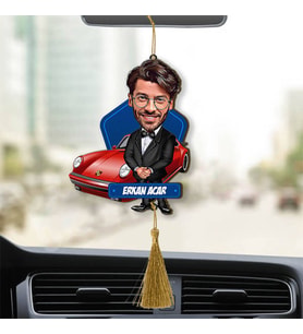 Kırmızı Spor Araba ve Yakışıklı Karikatürlü Ahşap Dikiz Ayna Araba Süsü