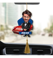 Kırmızı Spor Araba ve Yakışıklı Karikatürlü Ahşap Dikiz Ayna Araba Süsü