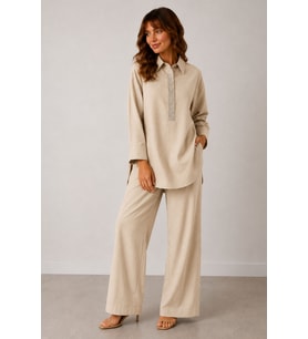 FTZ Women Kadın Rahat Kalıp Taş Detaylı Keten Takım Beige 31398