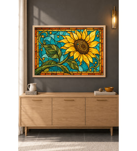 Vitray Ayçiçeği Turkuaz Cam Ahşap Çerçeveli Duvar Tablosu