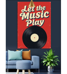 Let The Music Play Sloganı Ve Plak Dekoratif Kanvas - Mdf Ahşap Tablo