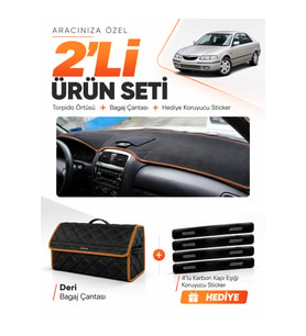 MAZDA 626 AİRBAGSİZ (1998-2000) Uyumlu Torpido Örtüsü + Deri Bagaj Çantası + Sticker Seti - Siyah Kahverengi