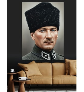 Kalpaklı Atatürk Siyah Beyaz Dekoratif Kanvas - Mdf Ahşap Tablo
