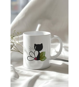 Sevimli Kedi Desenli 330ml Baskılı Beyaz Seramik Kupa Bardak