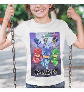 İsme Özel Pijamaskeliler Gece Ninjası Çocuk Beyaz Tişört Kısa Kollu Unisex
