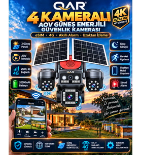 4 Lensli Güneş Enerjili Akıllı Güvenlik Kamerası 4G SIM Kartlı Yapay Zeka Destekli Uzaktan İzleme Dış Mekan Kamerası [24 Saat Kayıt]