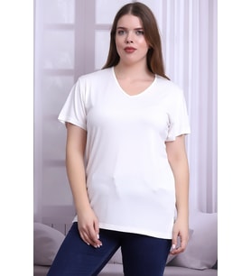 B21399902 Büyük Beden Viskon V Yaka Kısa Kol Bluz EKRU