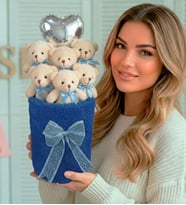 Anneler  Gününe ÖZEL: Deluxe Lacivert Peluş Silindir Kutuda, Kalpli Balonlu 6’lı Lacivert Ayıcık Buketi - Anneye Hediye